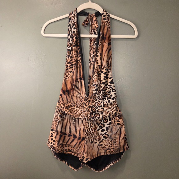 Fashion Nova Pants - Fashion Nova Women's Leopard Print Tie Halter Romper Size M Y2k Style